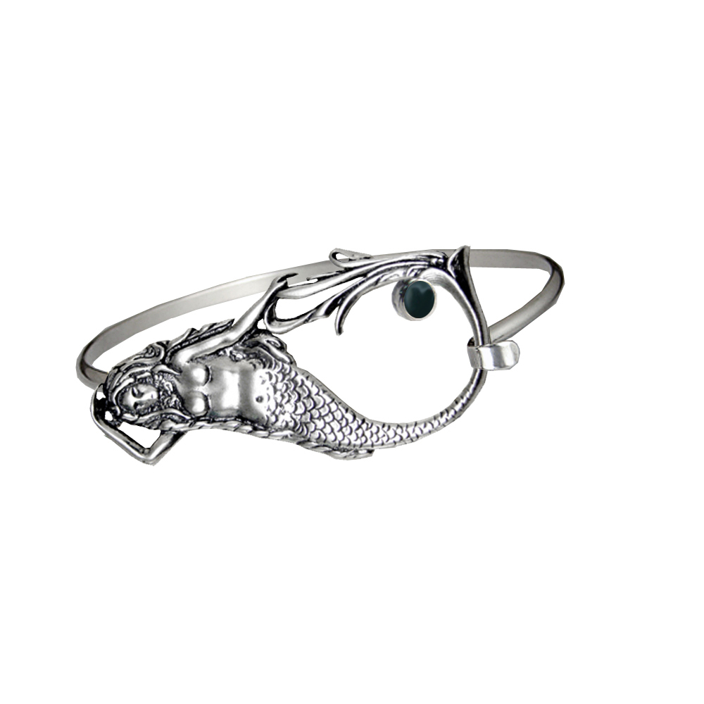 Sterling Silver Mermaid Strap Latch Spring Hook Bangle Bracelet With Bloodstone